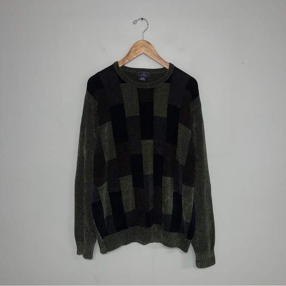 Dockers Sweater Men's Size Large Dark Green Grey Chenille Geometric Vintage - Picture 2 of 6